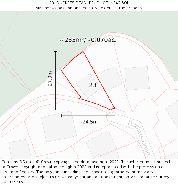 23, DUCKETS DEAN, PRUDHOE, NE42 5QL: Plot and title map