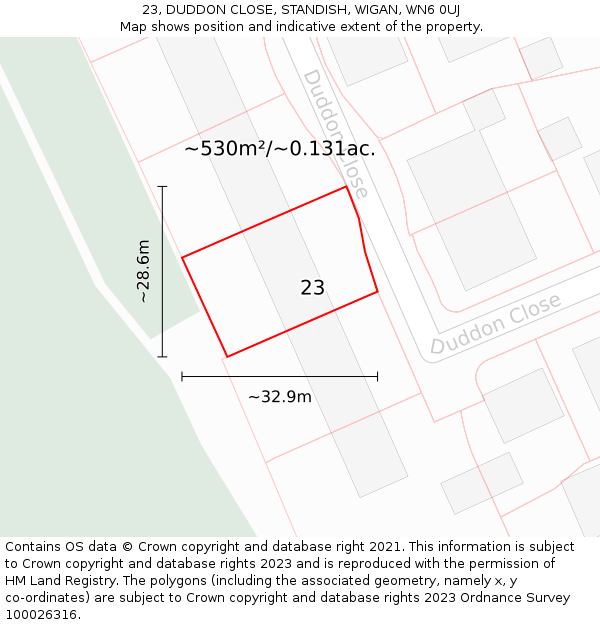 23, DUDDON CLOSE, STANDISH, WIGAN, WN6 0UJ: Plot and title map