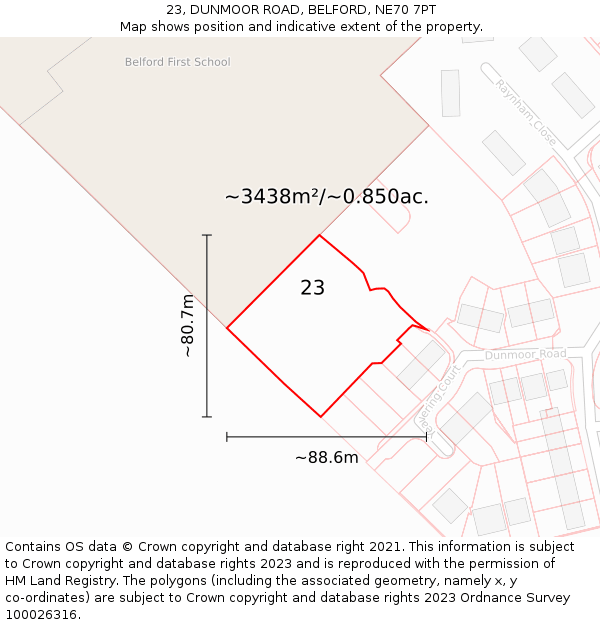 23, DUNMOOR ROAD, BELFORD, NE70 7PT: Plot and title map