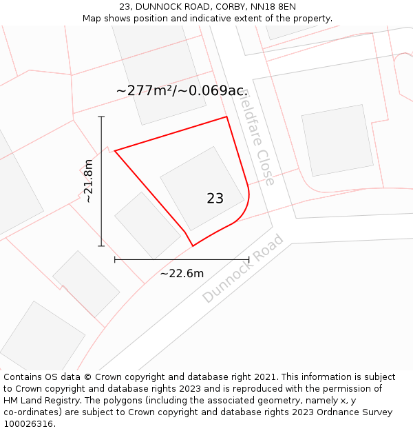 23, DUNNOCK ROAD, CORBY, NN18 8EN: Plot and title map