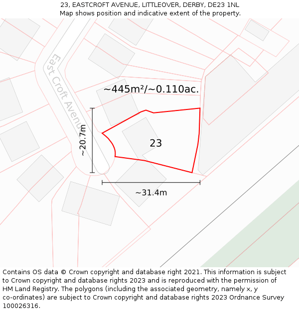 23, EASTCROFT AVENUE, LITTLEOVER, DERBY, DE23 1NL: Plot and title map