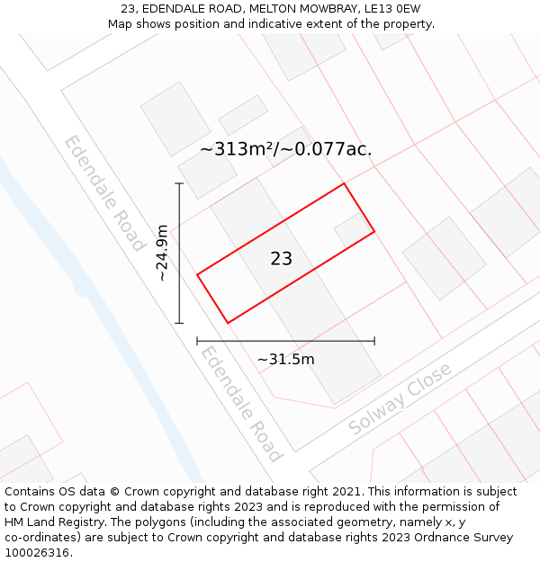 23, EDENDALE ROAD, MELTON MOWBRAY, LE13 0EW: Plot and title map