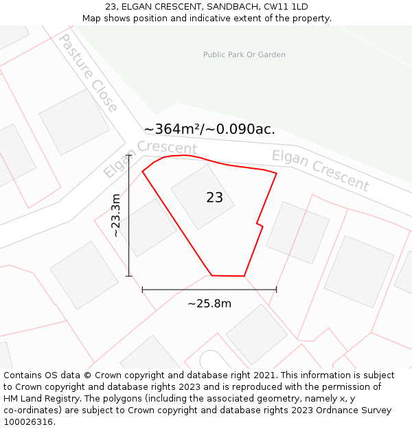 23, ELGAN CRESCENT, SANDBACH, CW11 1LD: Plot and title map