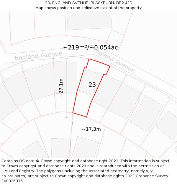 23, ENGLAND AVENUE, BLACKBURN, BB2 4FD: Plot and title map