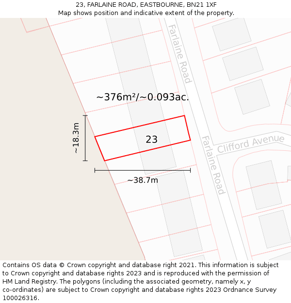 23, FARLAINE ROAD, EASTBOURNE, BN21 1XF: Plot and title map