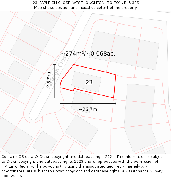 23, FARLEIGH CLOSE, WESTHOUGHTON, BOLTON, BL5 3ES: Plot and title map