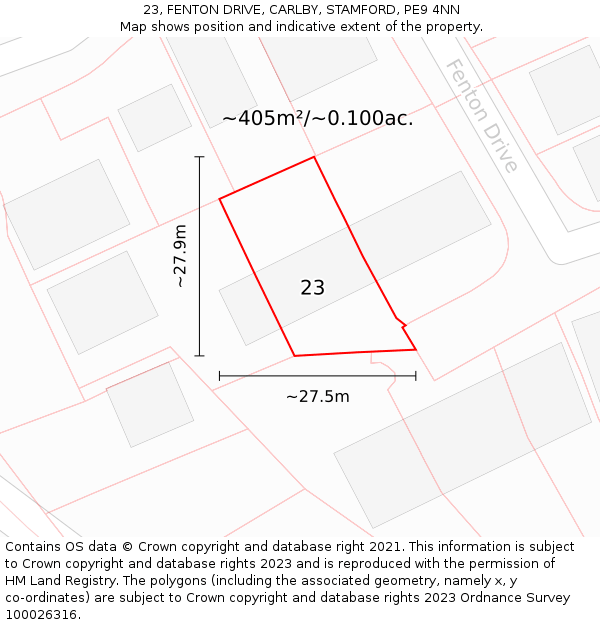 23, FENTON DRIVE, CARLBY, STAMFORD, PE9 4NN: Plot and title map