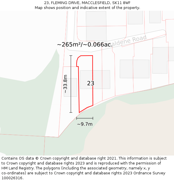 23, FLEMING DRIVE, MACCLESFIELD, SK11 8WF: Plot and title map