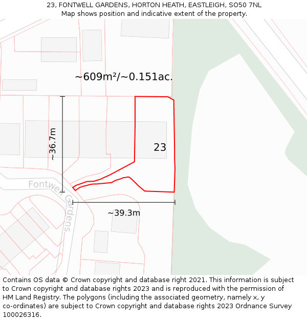 23, FONTWELL GARDENS, HORTON HEATH, EASTLEIGH, SO50 7NL: Plot and title map