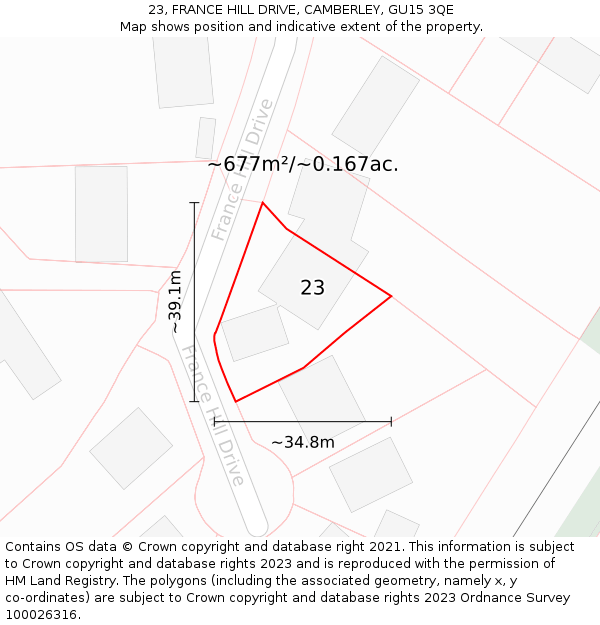 23, FRANCE HILL DRIVE, CAMBERLEY, GU15 3QE: Plot and title map