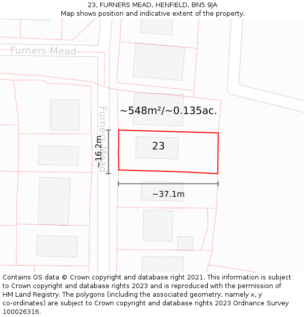 23, FURNERS MEAD, HENFIELD, BN5 9JA: Plot and title map