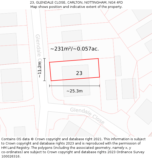 23, GLENDALE CLOSE, CARLTON, NOTTINGHAM, NG4 4FD: Plot and title map