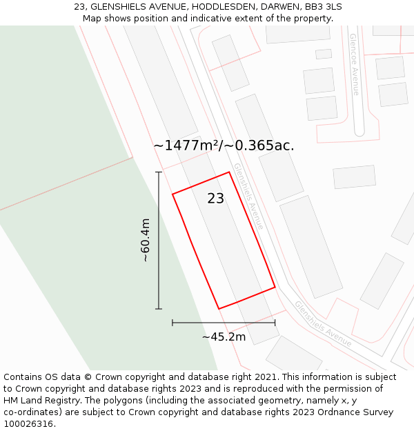 23, GLENSHIELS AVENUE, HODDLESDEN, DARWEN, BB3 3LS: Plot and title map