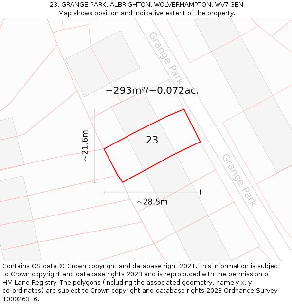 23, GRANGE PARK, ALBRIGHTON, WOLVERHAMPTON, WV7 3EN: Plot and title map