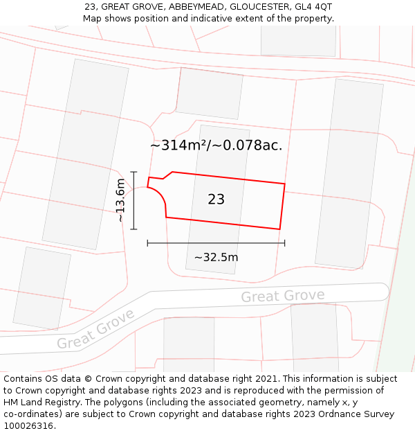 23, GREAT GROVE, ABBEYMEAD, GLOUCESTER, GL4 4QT: Plot and title map