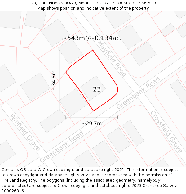 23, GREENBANK ROAD, MARPLE BRIDGE, STOCKPORT, SK6 5ED: Plot and title map