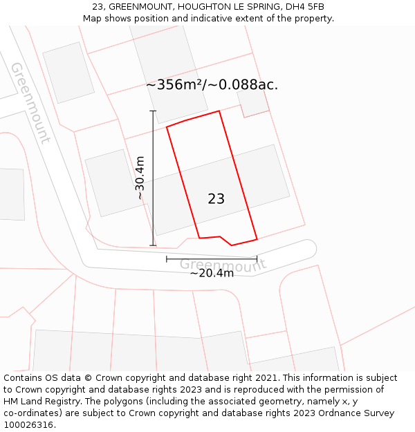 23, GREENMOUNT, HOUGHTON LE SPRING, DH4 5FB: Plot and title map