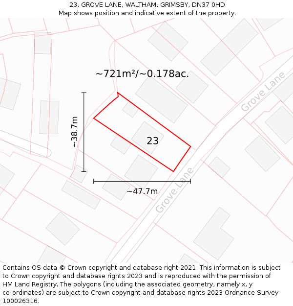 23, GROVE LANE, WALTHAM, GRIMSBY, DN37 0HD: Plot and title map