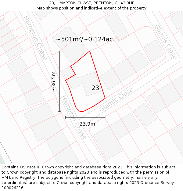 23, HAMPTON CHASE, PRENTON, CH43 9HE: Plot and title map