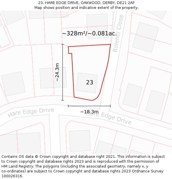 23, HARE EDGE DRIVE, OAKWOOD, DERBY, DE21 2AF: Plot and title map