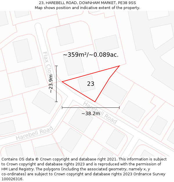 23, HAREBELL ROAD, DOWNHAM MARKET, PE38 9SS: Plot and title map