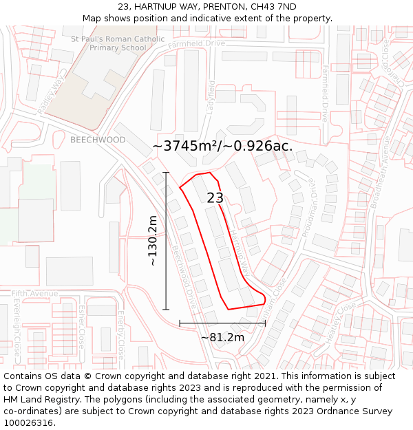 23, HARTNUP WAY, PRENTON, CH43 7ND: Plot and title map