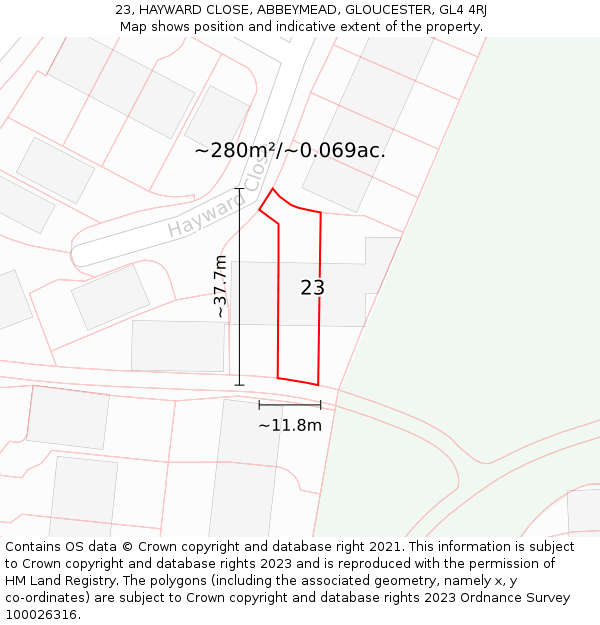 23, HAYWARD CLOSE, ABBEYMEAD, GLOUCESTER, GL4 4RJ: Plot and title map