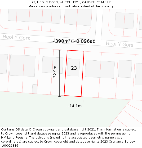 23, HEOL Y GORS, WHITCHURCH, CARDIFF, CF14 1HF: Plot and title map