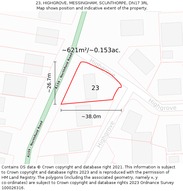 23, HIGHGROVE, MESSINGHAM, SCUNTHORPE, DN17 3RL: Plot and title map