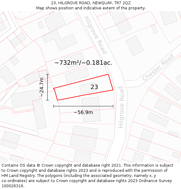 23, HILGROVE ROAD, NEWQUAY, TR7 2QZ: Plot and title map