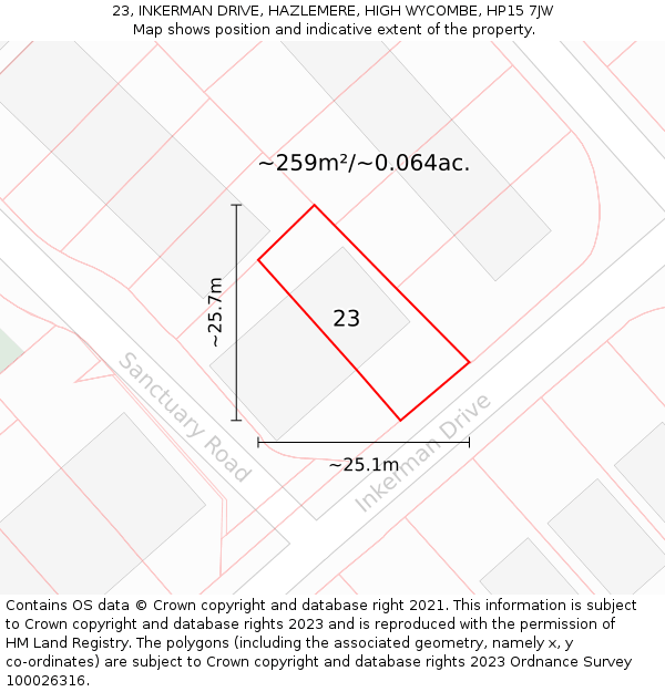 23, INKERMAN DRIVE, HAZLEMERE, HIGH WYCOMBE, HP15 7JW: Plot and title map