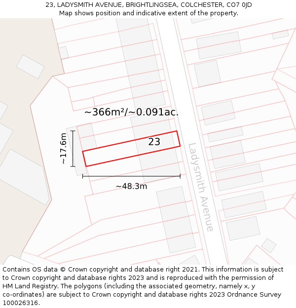 23, LADYSMITH AVENUE, BRIGHTLINGSEA, COLCHESTER, CO7 0JD: Plot and title map