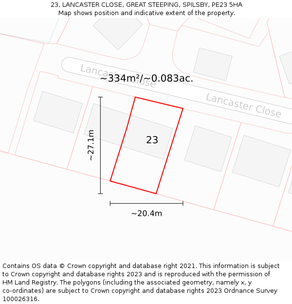 23, LANCASTER CLOSE, GREAT STEEPING, SPILSBY, PE23 5HA: Plot and title map