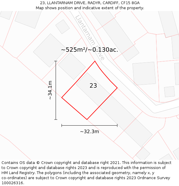 23, LLANTARNAM DRIVE, RADYR, CARDIFF, CF15 8GA: Plot and title map