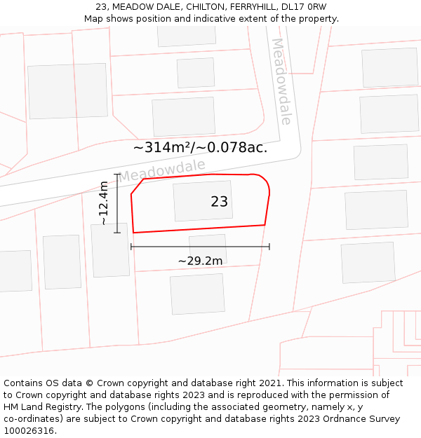 23, MEADOW DALE, CHILTON, FERRYHILL, DL17 0RW: Plot and title map