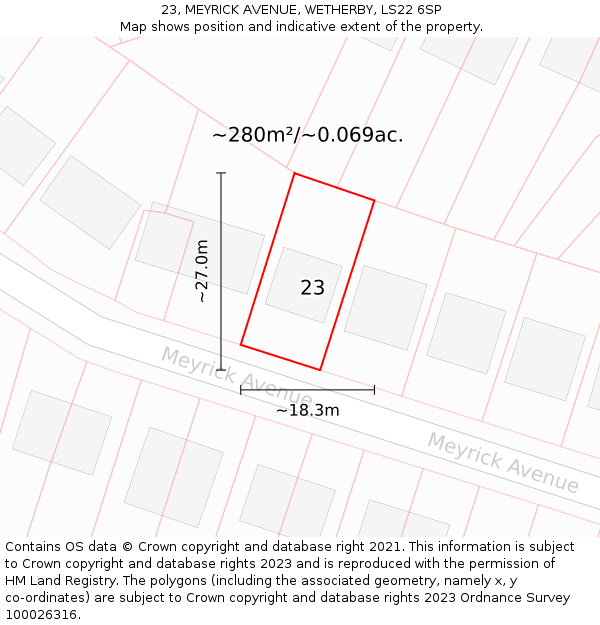 23, MEYRICK AVENUE, WETHERBY, LS22 6SP: Plot and title map