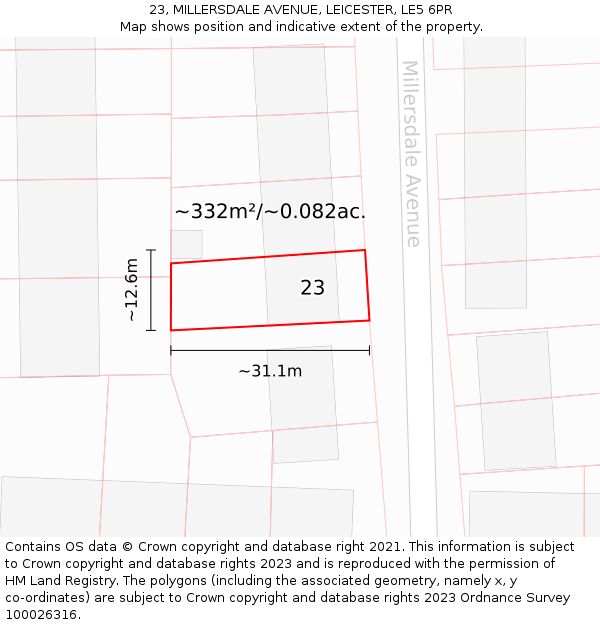 23, MILLERSDALE AVENUE, LEICESTER, LE5 6PR: Plot and title map