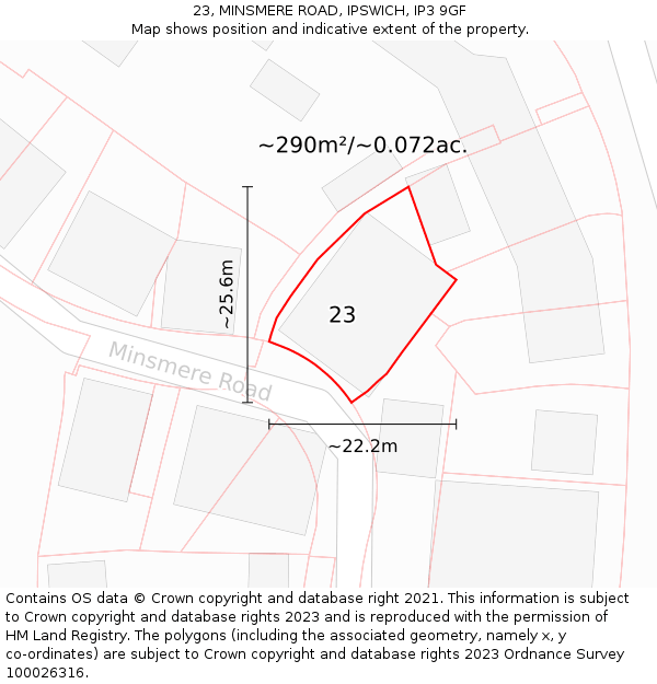 23, MINSMERE ROAD, IPSWICH, IP3 9GF: Plot and title map