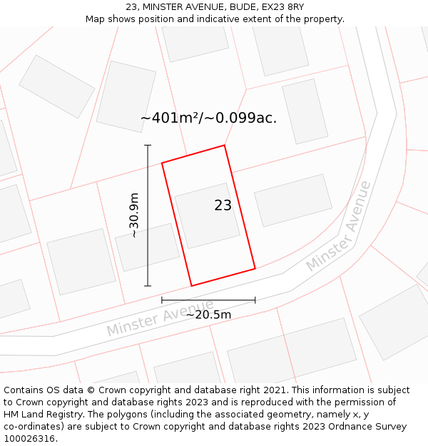 23, MINSTER AVENUE, BUDE, EX23 8RY: Plot and title map