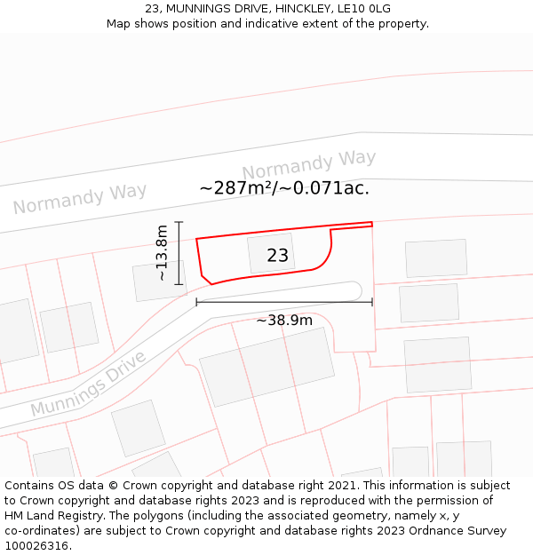 23, MUNNINGS DRIVE, HINCKLEY, LE10 0LG: Plot and title map