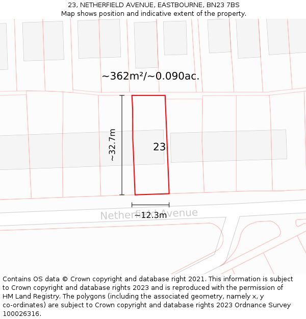 23, NETHERFIELD AVENUE, EASTBOURNE, BN23 7BS: Plot and title map