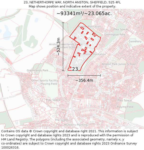 23, NETHERTHORPE WAY, NORTH ANSTON, SHEFFIELD, S25 4FL: Plot and title map