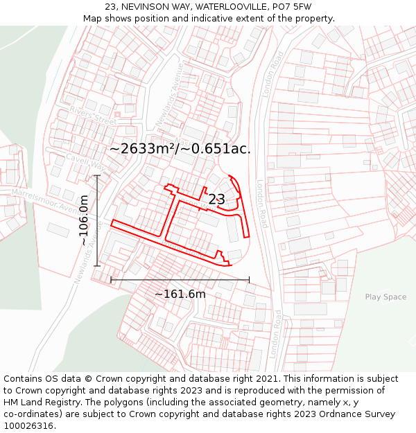 23, NEVINSON WAY, WATERLOOVILLE, PO7 5FW: Plot and title map