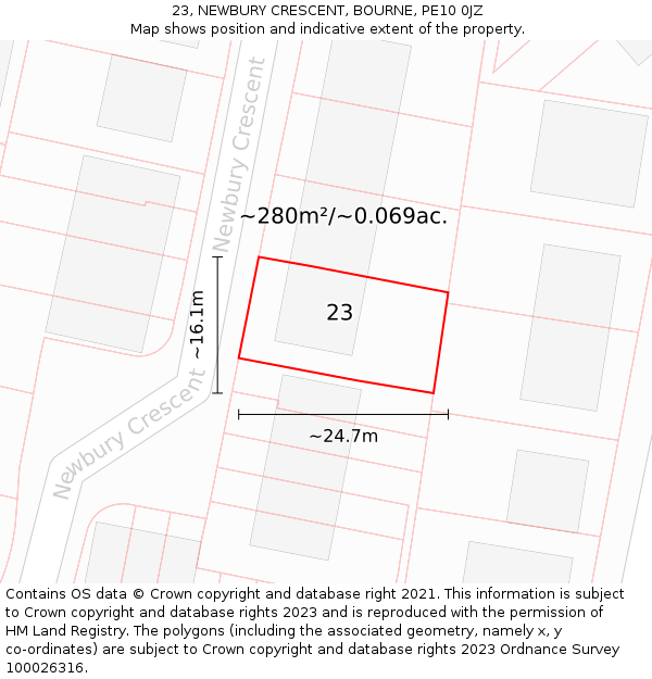 23, NEWBURY CRESCENT, BOURNE, PE10 0JZ: Plot and title map