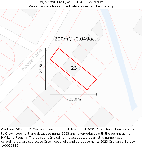 23, NOOSE LANE, WILLENHALL, WV13 3BX: Plot and title map