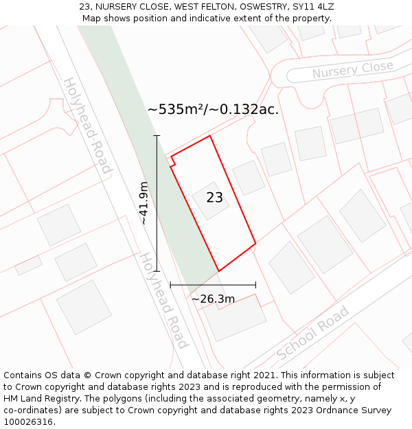 23, NURSERY CLOSE, WEST FELTON, OSWESTRY, SY11 4LZ: Plot and title map