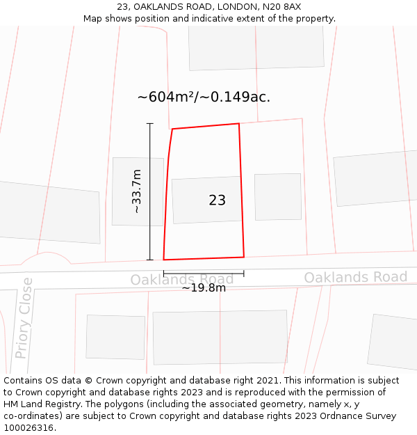 23, OAKLANDS ROAD, LONDON, N20 8AX: Plot and title map