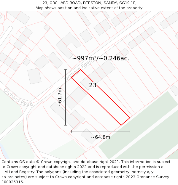 23, ORCHARD ROAD, BEESTON, SANDY, SG19 1PJ: Plot and title map