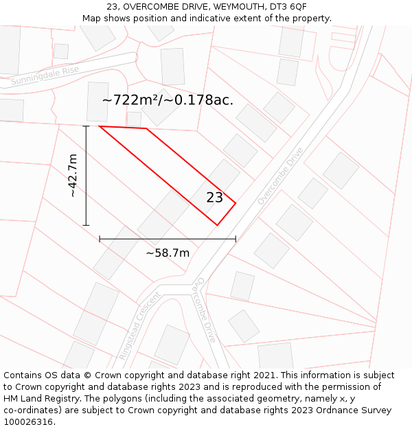 23, OVERCOMBE DRIVE, WEYMOUTH, DT3 6QF: Plot and title map