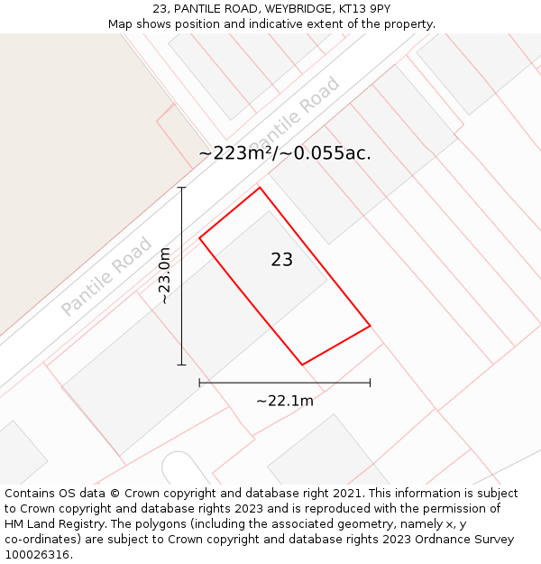 23, PANTILE ROAD, WEYBRIDGE, KT13 9PY: Plot and title map